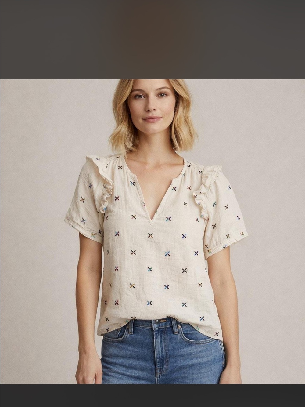 Madewell White V-Neck Ruffle Sleeve Top